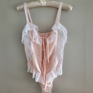 Vintage 90s‎ pink satin sheer bodysuit lace floral ruffle lingerie balletcore M
